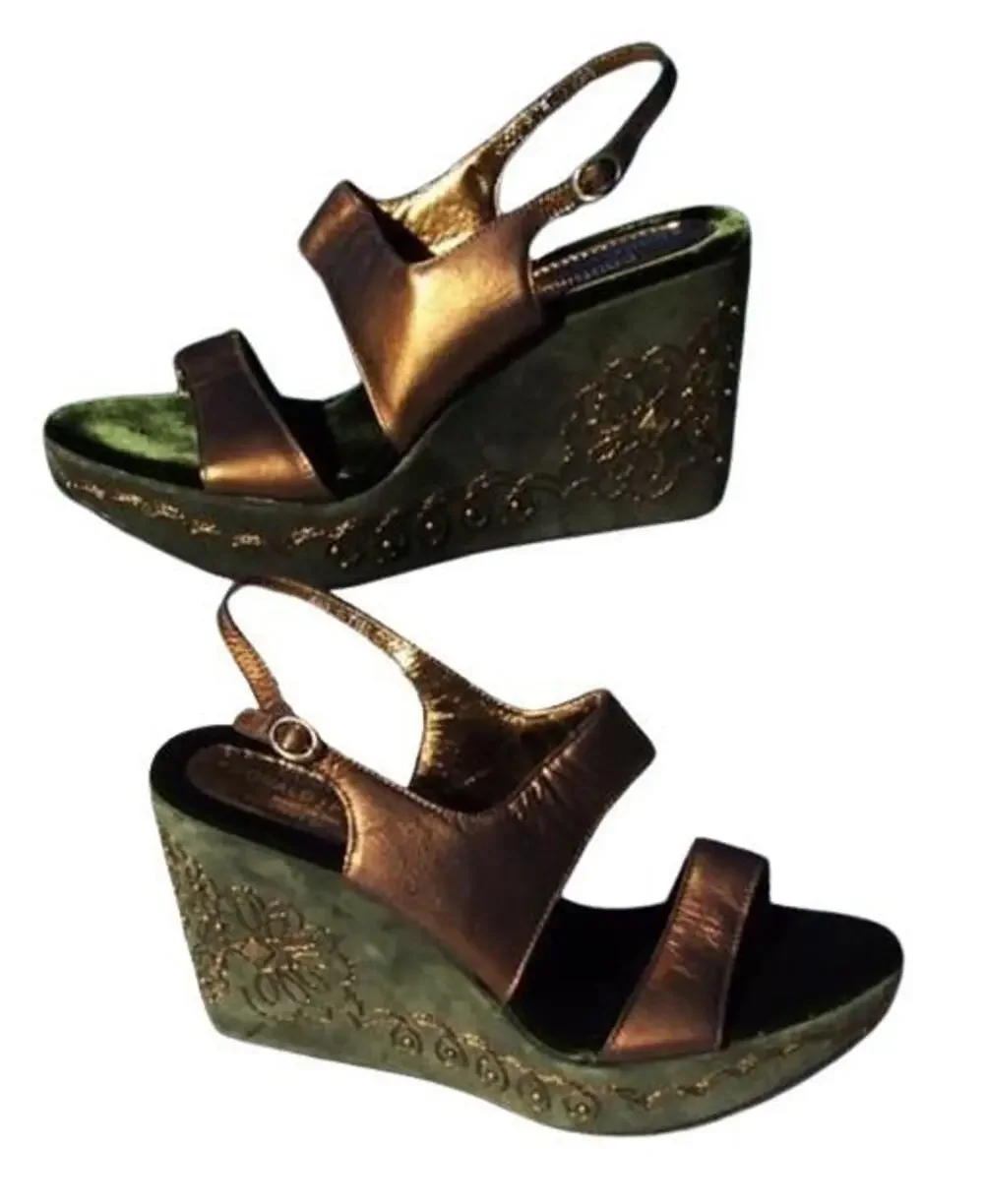 Donald Pliner Metallic Leather Shoe Platform Wedge Suede Embroidery $275 NIB 11